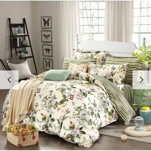 FADFAY Floral Duvet Cover Set Queen 3pc Cotton Magnolia Botanical Green Striped